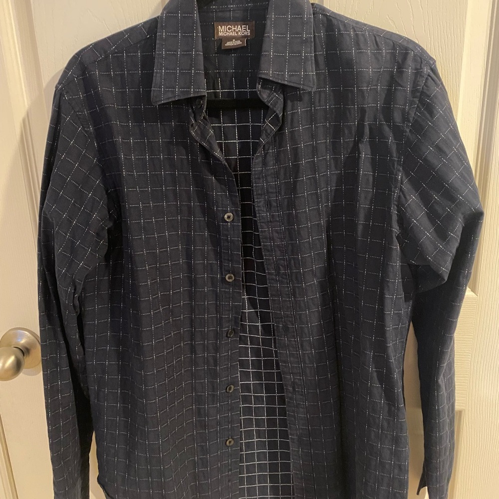 Michael Kors Men's Navy Blue Checkered Button-Down Shirt